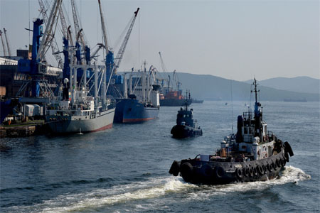 Ships in Zolotoi Rog Bay in Vladivostok.
