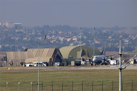 A military aircraft is pictured on the runway at Incirlik Air Base, in the outskirts of the city of Adana, southeastern Turkey.