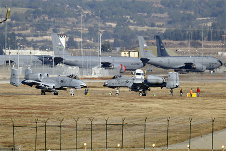 US Air Force A-10 Thunderbolt II fighter jets are pictured at Incirlik airbase in the southern city of Adana, Turkey, in this December 11, 2015
