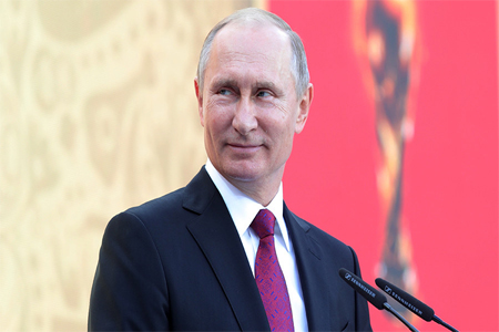 Russian President Vladimir Putin at the FIFA World Cup Trophy Tour kick-off ceremony at Luzhniki Stadium in Moscow
