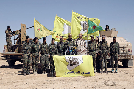 Ahmed Abu Kholeh, head of the Deir al-Zor military council which fights under the Syrian Democratic Forces (SDF), speaks during a press conference in the village of Abu Fas, Hasaka province, Syria, September 9, 2017