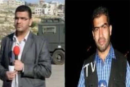 الصحافيان علاء الطيطي ومصطفى الخواجا اللذان حكمت عليهما سلطات الاحتلال بالسجن 8 اشهر مع وقف التنفيذ بسبب عملهما مع قناة الاقصى