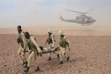 Mauritian soldiers take part in a casualty evacuation training exercise in Gofat, Niger