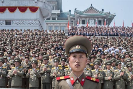Soldiers during a military parade marking the 105th birthday of Kim Il-Sung, the founder of North Korea.