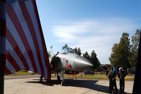 U.S. Air Force F-15C Eagle fighter is seen during NATO Baltic air policing mission takeover ceremony in Siauliai, Lithuania August 30, 2017.