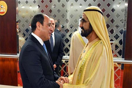 Dubai ruler Sheikh Mohammed bin Rashid Al Maktoum welcome's Egypt's President Abdelfattah al-Sisi, on Tuesday, in Abu Dhabi.
