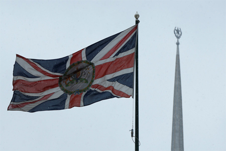 British flag flies next to the British embassy in Moscow, Russia