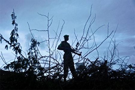 An African Union (AMISOM) soldier from Burundi on patrol in Mogadishu