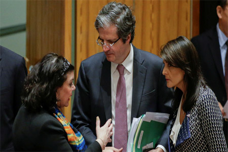 UK envoy Karen Pierce, French envoy Francois Delattre and US envoy Nikki Haley before the UN Security Council meeting on Syria, April 13, 2018.