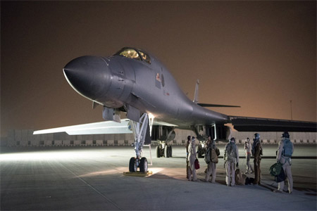 A US Air Force B-1B Lancer and crew, being deployed to launch strike as part of the multinational response to Syria's use of chemical weapons.