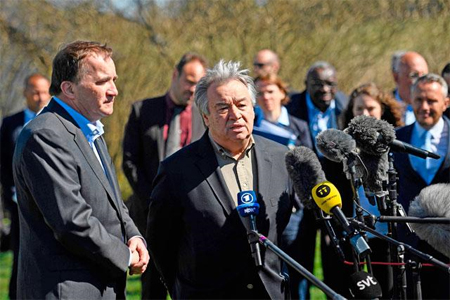 United Nations Secretary General Antonio Guterres (right) and Sweden’s Prime Minister Stefan Lofven speak to the press during the annual informal working meeting with the UN Security Council at Dag Hammarskjold’s farm at Backakra, , southern Sweden, on Saturday (AFP photo)