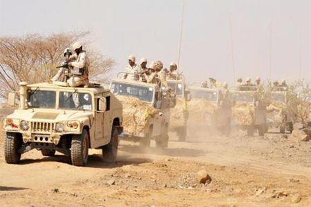 Saudi troops patrol in the southern province of Jazan along the border with Yemen in this file photo. (AP)