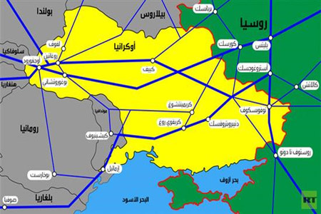 خريطة تظهر شبكة أنابيب نقل الغاز الروسي عبر الأراضي الأوكرانية