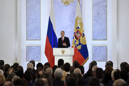 Russian President Vladimir Putin addresses the Federal Assembly of both houses of parliament at the Kremlin in Moscow on December 1, 2016. © Natalia Kolesnikova / AFP