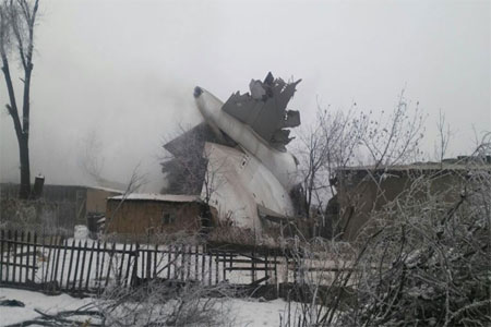 Turkish cargo plane crash site near Kyrgyzstan's International Manas Airport outside Bishkek, Jan. 16, 2017.