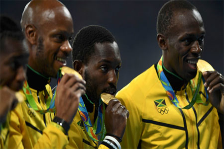 Asafa Powell, Yohan Blake, Nickel Ashmeade and Usain Bolt