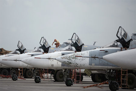 Russian Sukhoi Su-24 planes at the Khmeimim airbase in Syria.